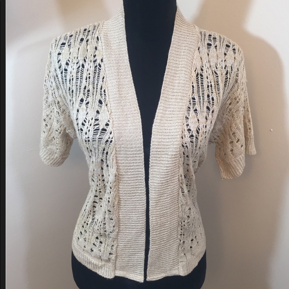 Dressbarn Metallic Gold Beige Crochet Cardigan L